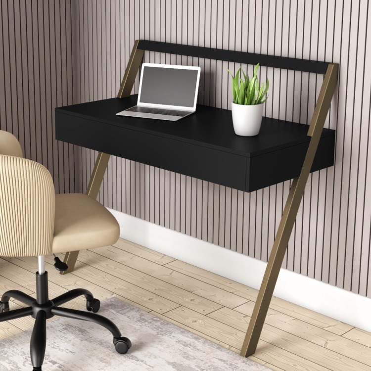 Black Wall Mounted Leaning Desk with Storage Drawer - Nico