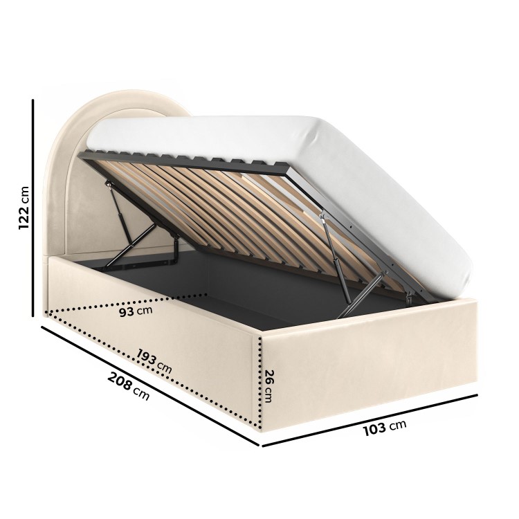 Beige Velvet Single Ottoman Bed with Curved Headboard - Nora