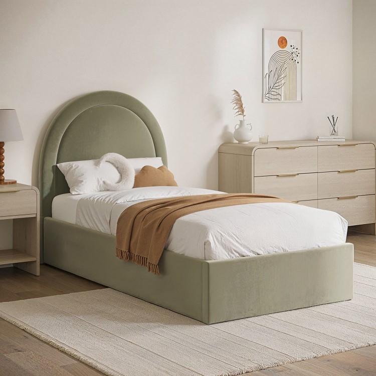 Sage Green Velvet Single Side-Lift Ottoman Bed with Curved Headboard - Nora