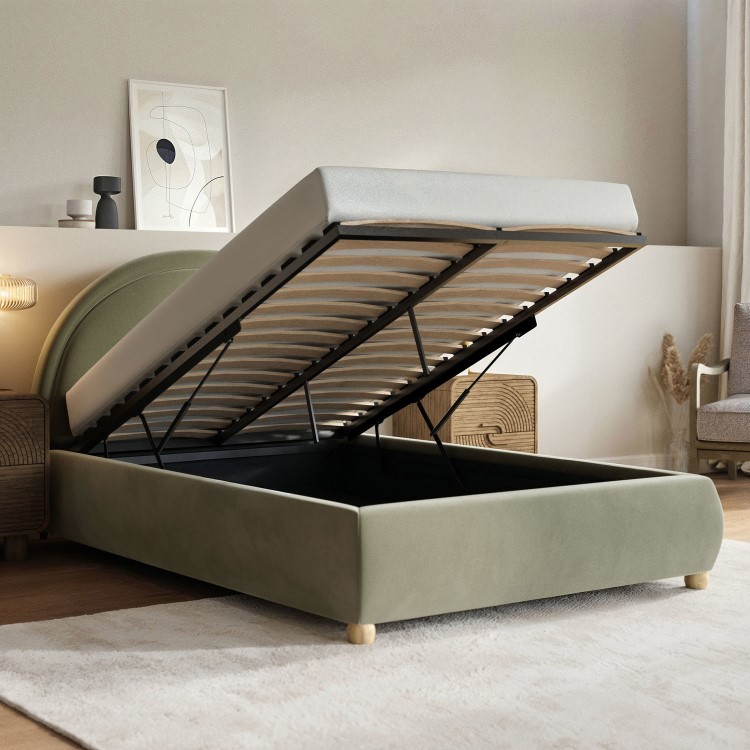 Sage Green Velvet Small Double Ottoman Bed with Curved Headboard - Nora