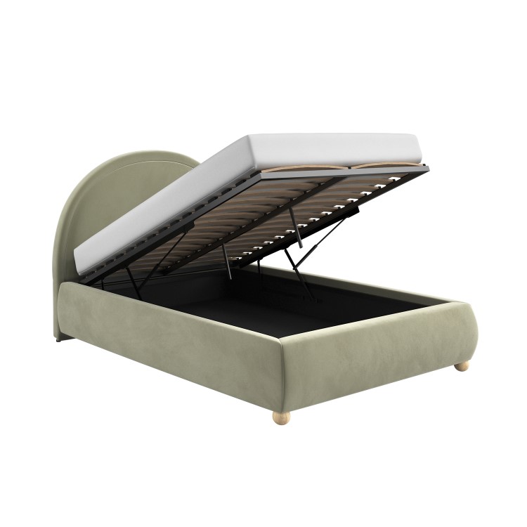 Sage Green Velvet Small Double Ottoman Bed with Curved Headboard - Nora