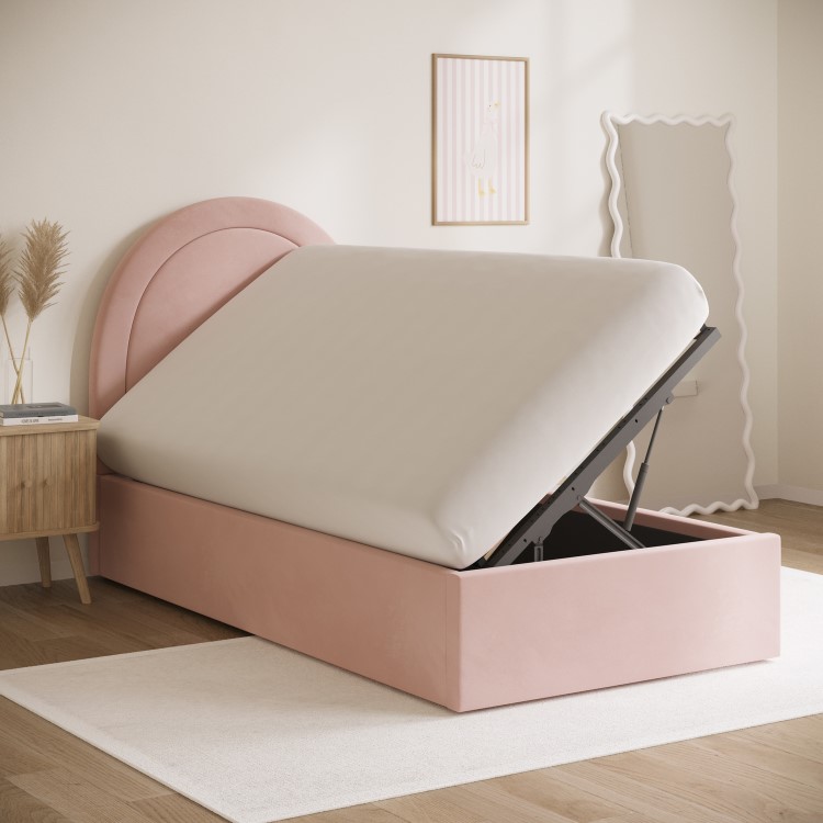 Pink Velvet Single Side-Lift Ottoman Bed with Curved Headboard - Nora