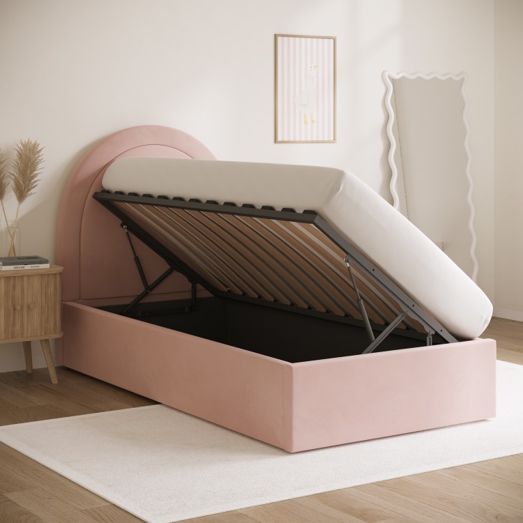Pink Velvet Single Side-Lift Ottoman Bed with Curved Headboard - Nora