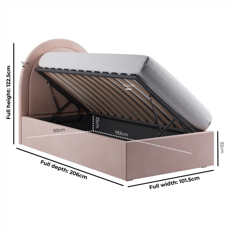 Pink Velvet Single Side-Lift Ottoman Bed with Curved Headboard - Nora