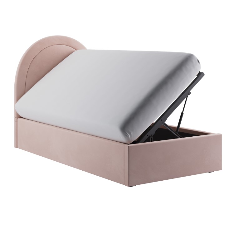 Pink Velvet Single Side-Lift Ottoman Bed with Curved Headboard - Nora