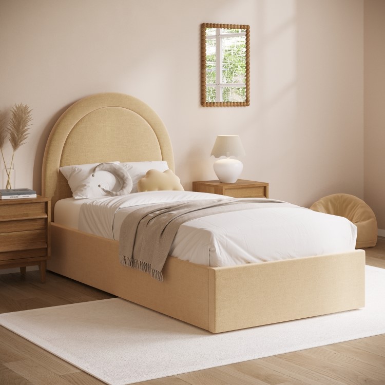 Butter Yellow Chenille Single Side-Lift Ottoman Bed with Curved Headboard - Nora