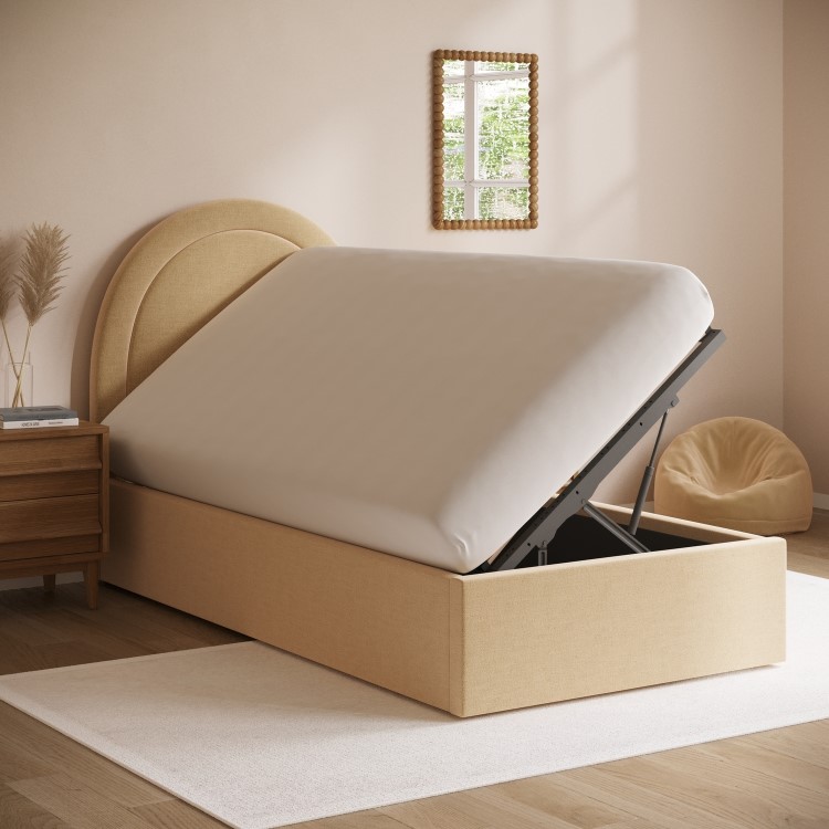 Butter Yellow Chenille Single Side-Lift Ottoman Bed with Curved Headboard - Nora