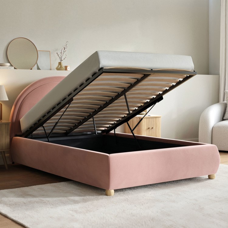 Pink Velvet Small Double Ottoman Bed with Curved Headboard - Nora