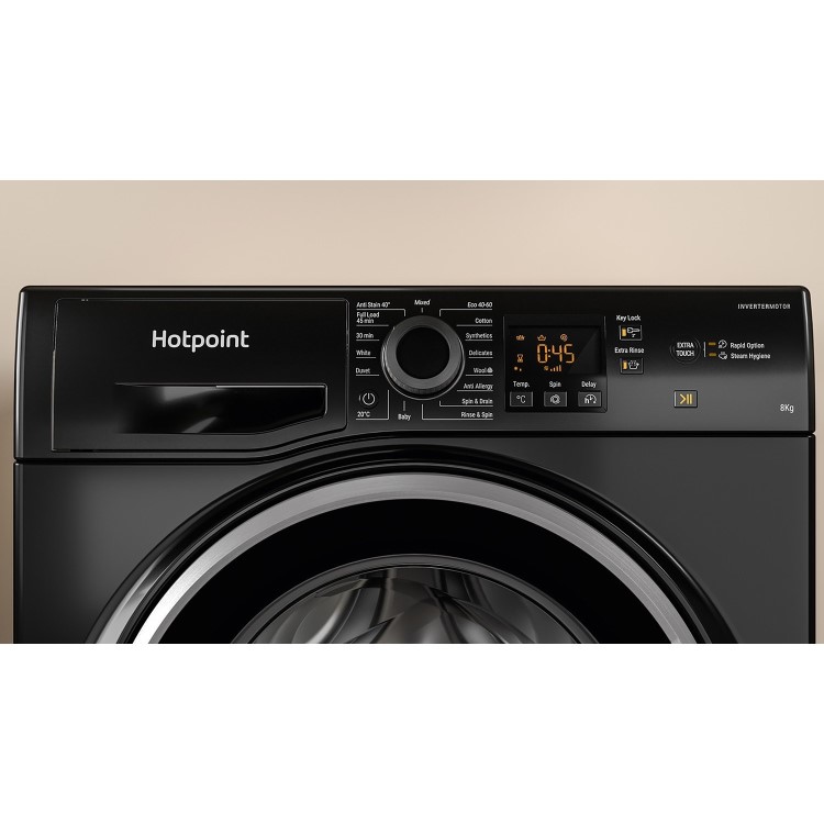 Refurbished Hotpoint NSWM843CBSUKN Freestanding 8KG 1400 Spin Washing Machine Black