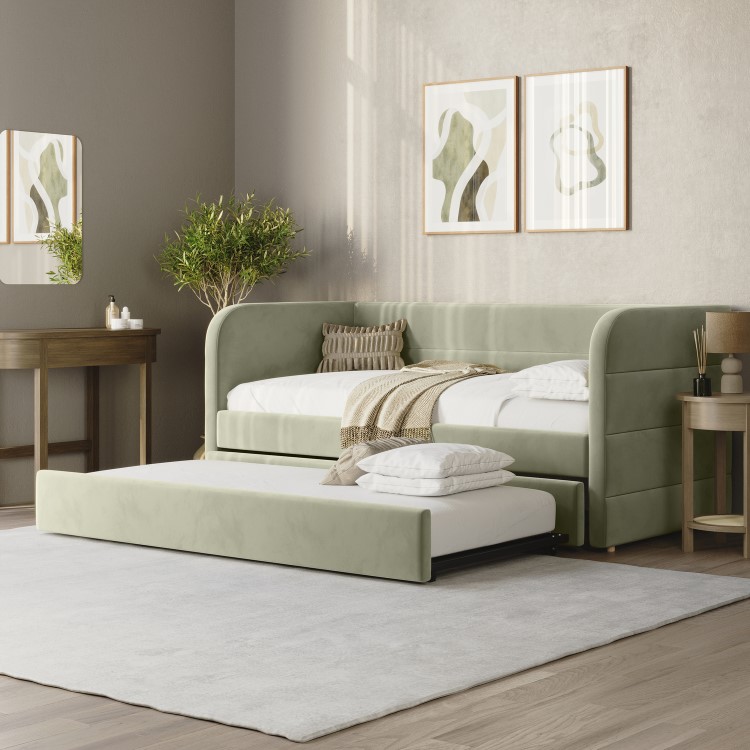 Velvet Single Day Bed with Trundle in Sage Green - Newton