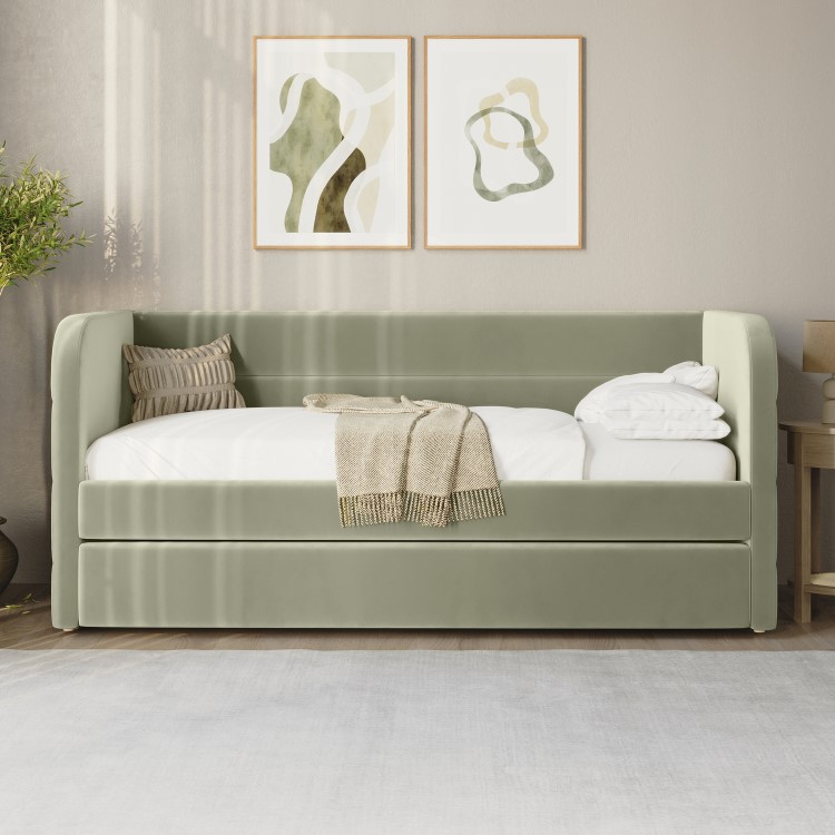 Velvet Single Day Bed with Trundle in Sage Green - Newton