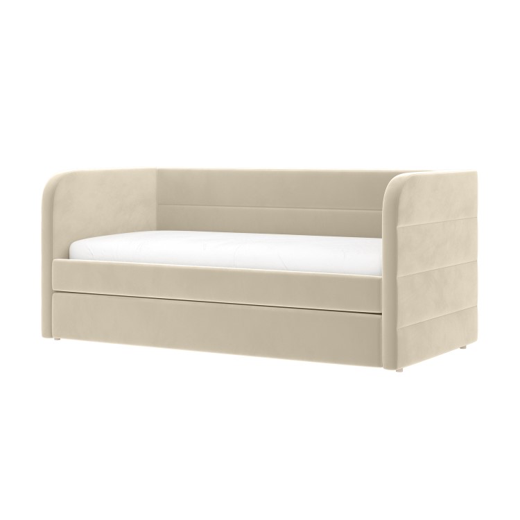 Velvet Single Day Bed with Pull Out Trundle in Beige - Newton