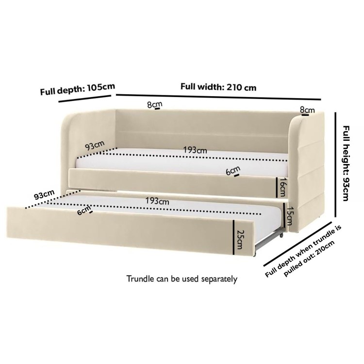 Velvet Single Day Bed with Pull Out Trundle in Beige - Newton