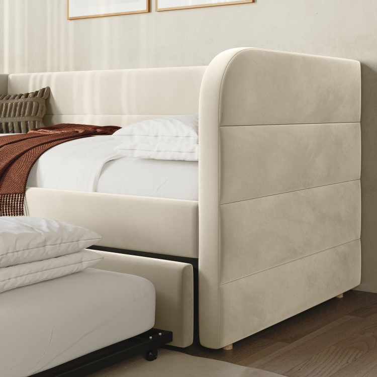 Velvet Single Day Bed with Trundle in Beige - Newton