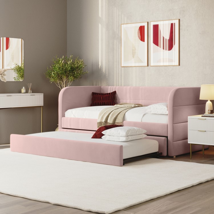 Velvet Single Day Bed with Trundle in Pink - Newton