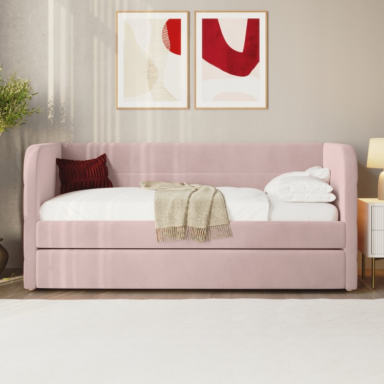 Velvet Single Day Bed with Trundle in Pink - Newton
