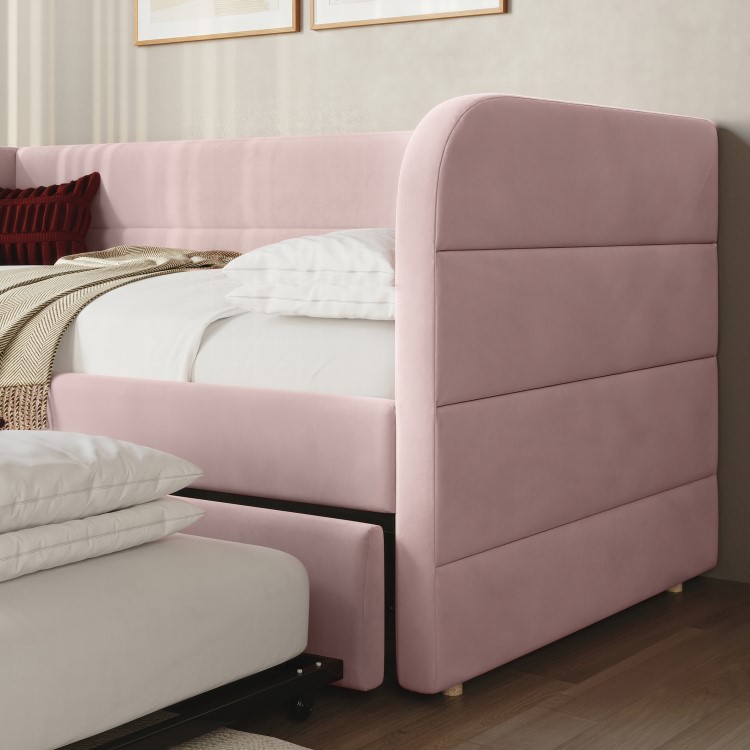 Velvet Single Day Bed with Trundle in Pink - Newton