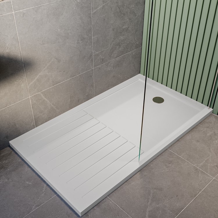 ALMOST PERFECT - 1600x800mm Walk-In Rectangular Shower Tray with Drying Area - White Stone Resin - Purity