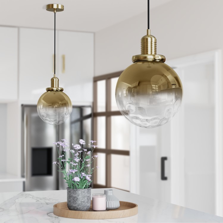 GRADE A1 - Box Opened Salerno Gold Smoked Glass Globe Pendant Light with Dimpled Effect