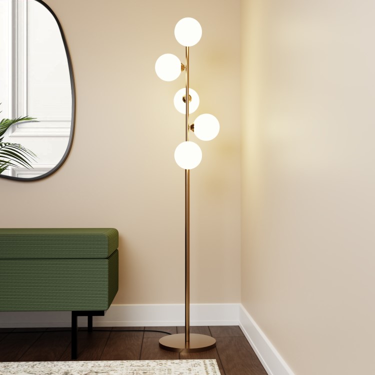 5 Light Brass & Opal Glass Globe Floor Lamp - Salerno