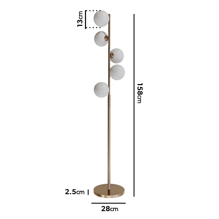 5 Light Brass & Opal Glass Globe Floor Lamp - Salerno