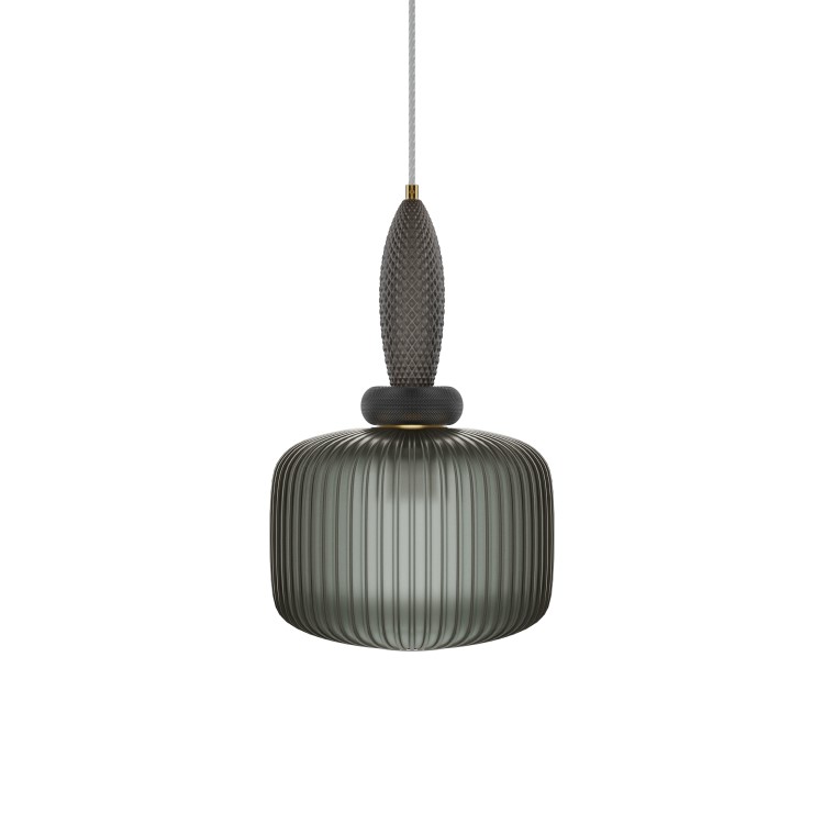 Dark Grey Ribbed Smoked Glass Pendant Ceiling Light - Biella
