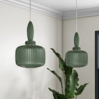 Green Ribbed Smoked Glass Pendant Ceiling Light - Biella