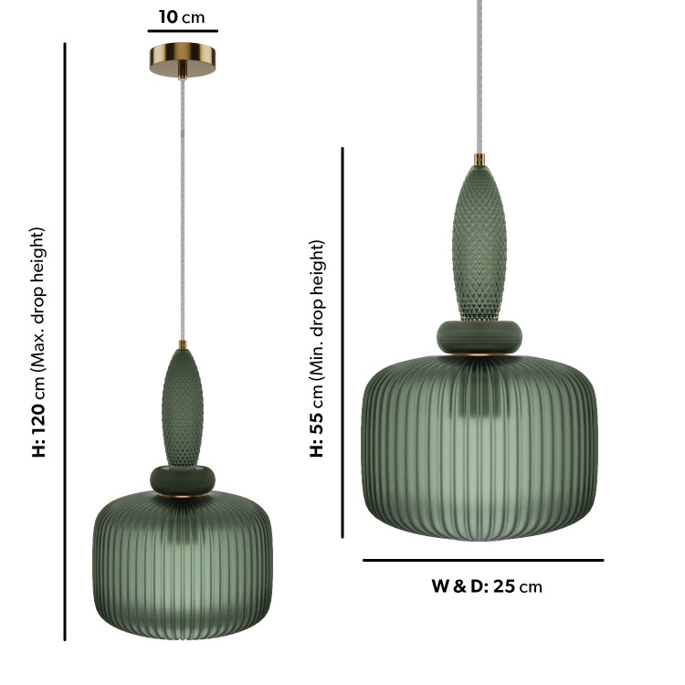 Green Ribbed Smoked Glass Pendant Ceiling Light - Biella