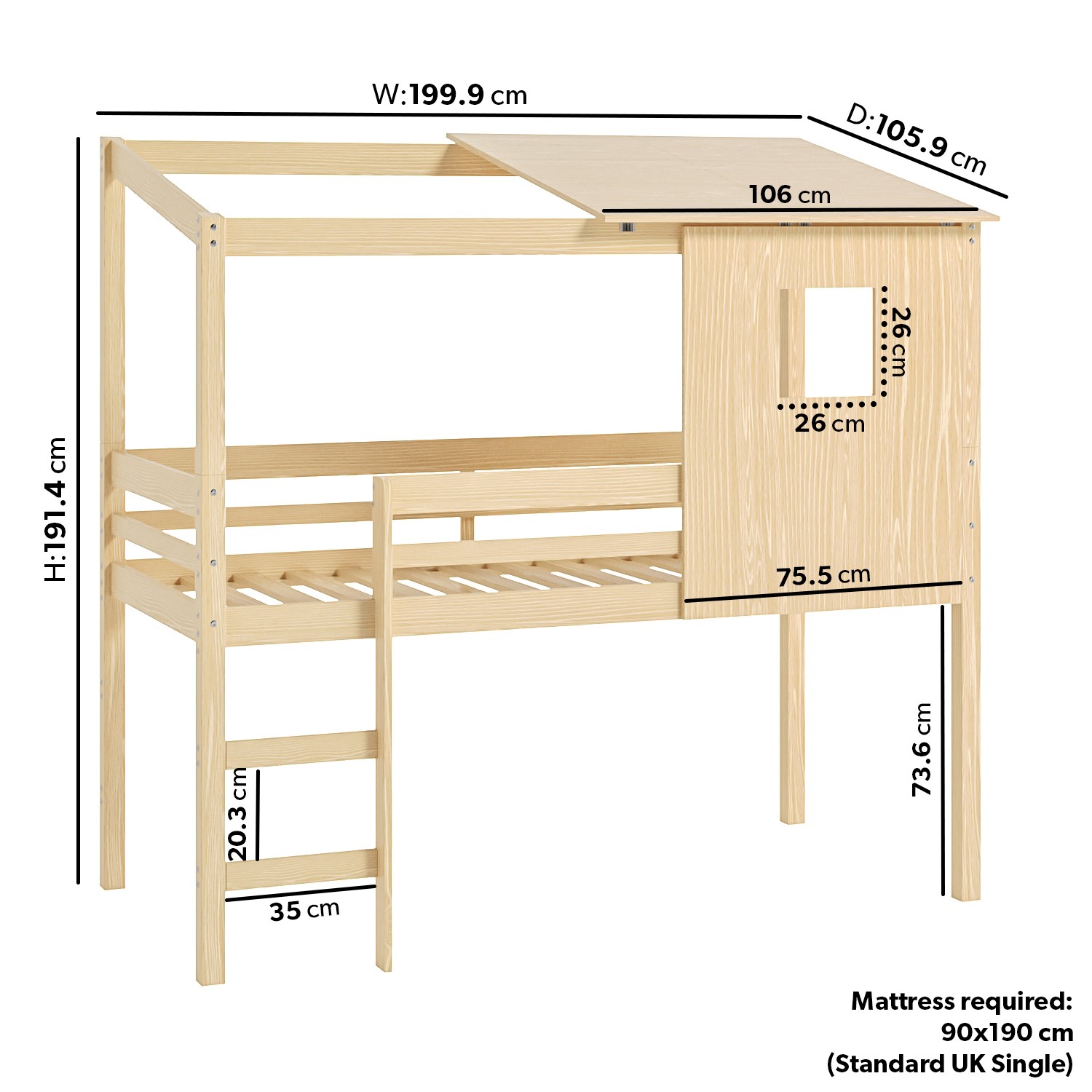 House Mid Sleeper Cabin Bed in Solid Pine Oakley BuyItDirect.ie