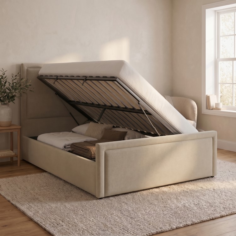 Beige Upholstered King Size Side Lift Ottoman Bed - Joan