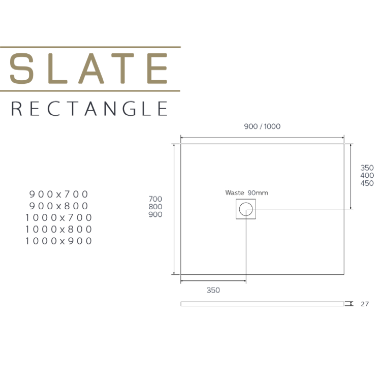 GRADE A1 - 1000x900mm Rectangular Shower Tray with Grate - Black Stone Resin Slate Effect - Sileti