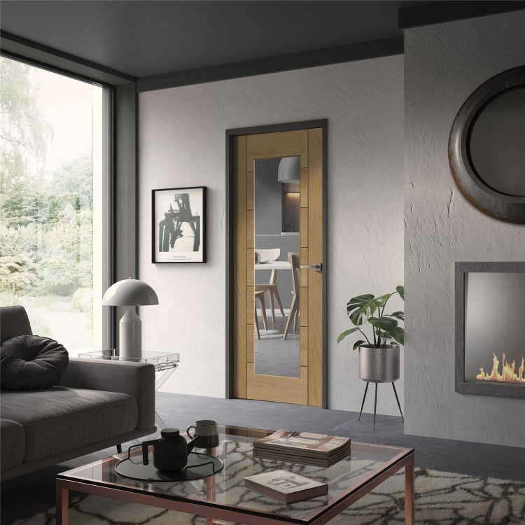 Internal Oak FD30 Fire Door with Clear Glass - 1-Light - Pre-Finished - 1981 x 762 x 44mm - Palermo Premium - XL Joinery