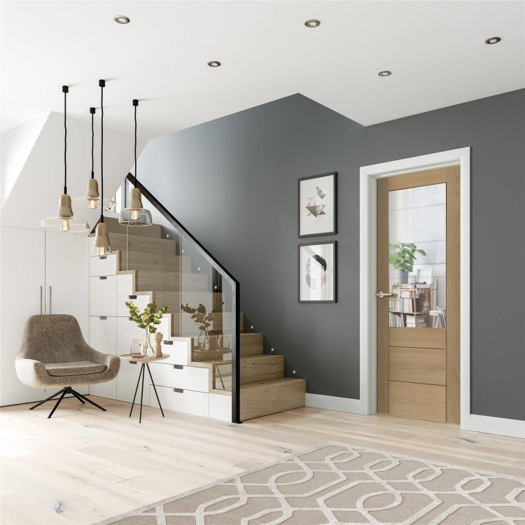 Palermo 2XG Internal Oak Fire Door with Clear Etched Glass - Unfinished, 1981 x 838 x 44 mm