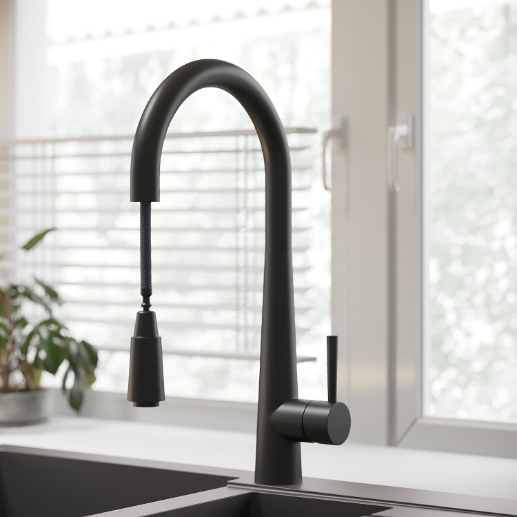 Single Bowl Black Undermount Composite Kitchen Sink With Black Pull Out Kitchen Mixer Tap Set - Enza