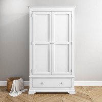 White Painted 2 Door Double French Wardrobe with Drawer - Olivia 