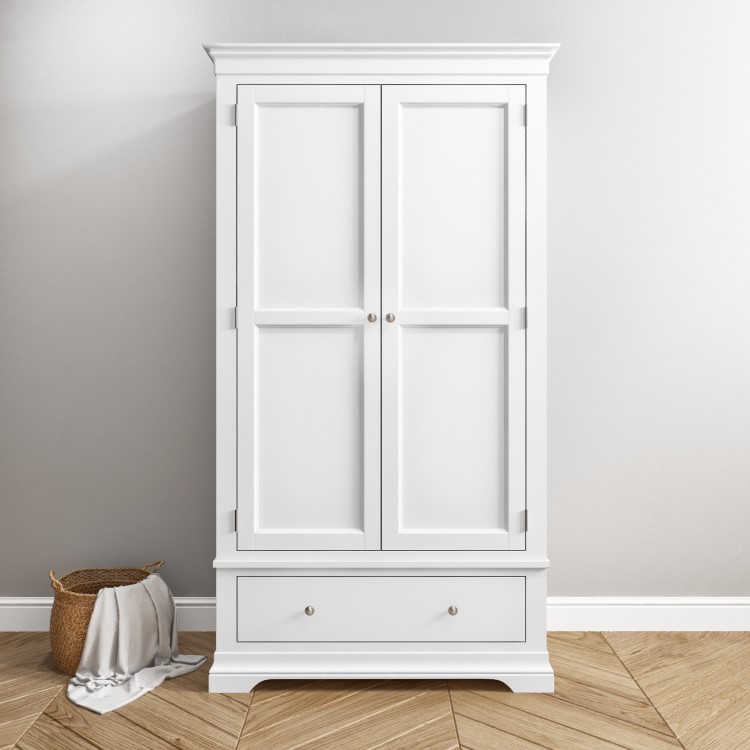 White Painted 2 Door Double French Wardrobe with Drawer - Olivia 