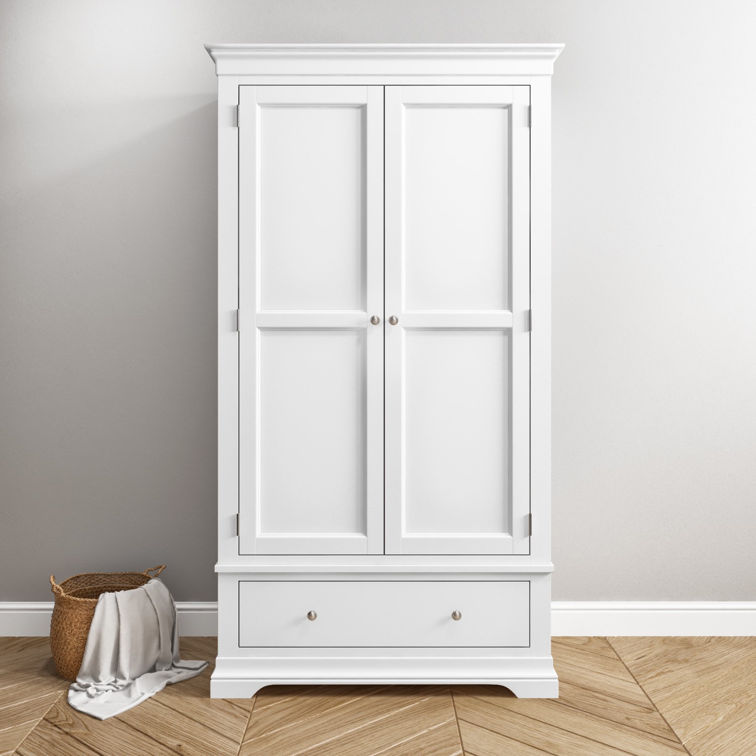 White Wooden Double Wardrobe with Drawer - Olivia