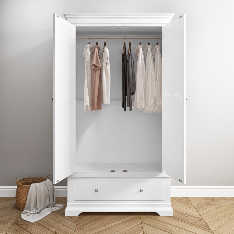 White Painted 2 Door Double French Wardrobe with Drawer - Olivia 