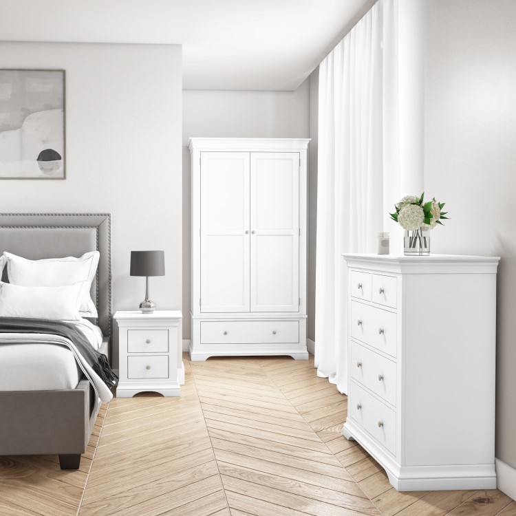 White Painted 2 Door Double French Wardrobe with Drawer - Olivia 
