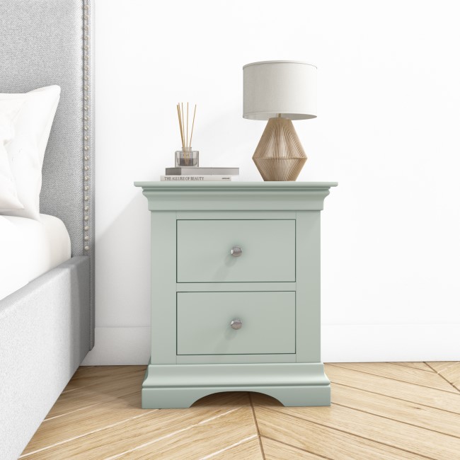 Sage Green Wooden French Bedside Table with 2 Drawers - Olivia