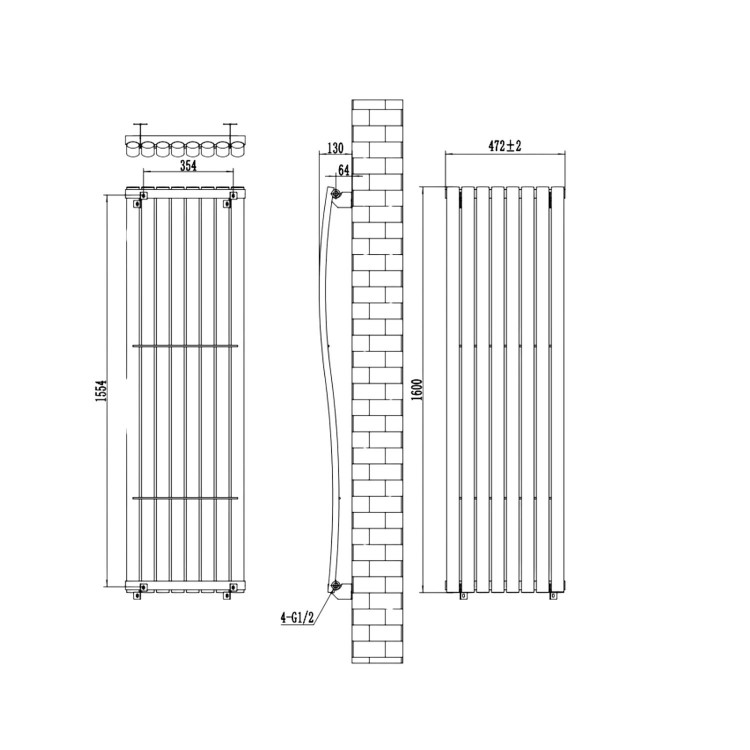 Anthracite Vertical Wave Designer Single Panel Radiator 1600 x 470mm - Opala