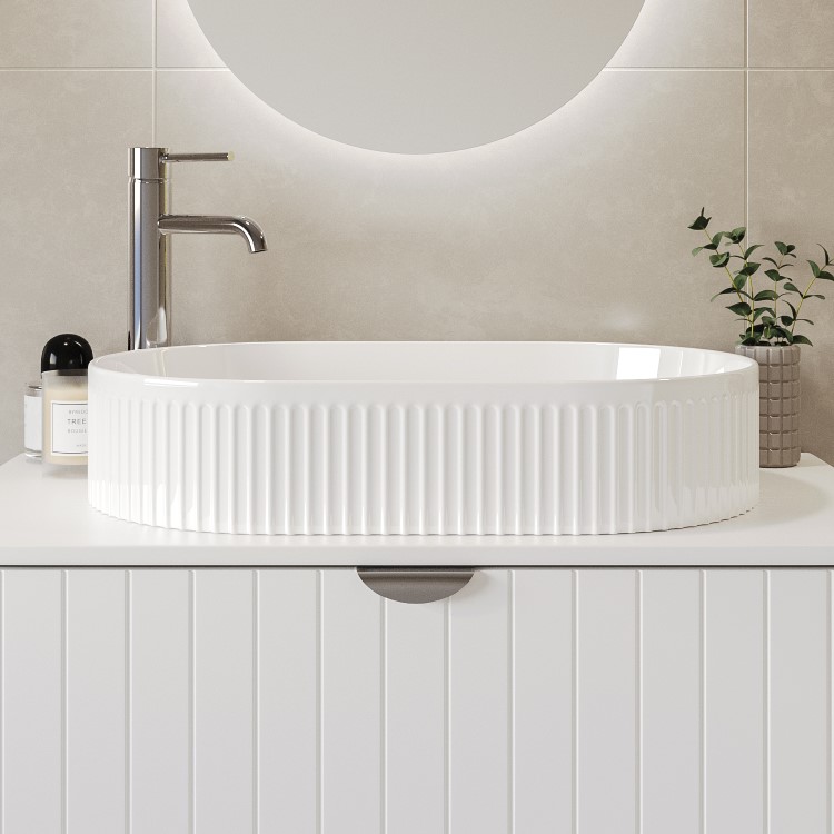 ONLY OPENED - White Oval Fluted Countertop Basin 573mm - Oregon