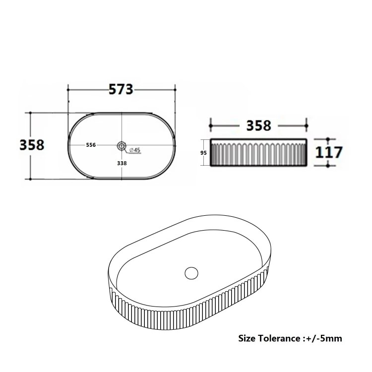 ONLY OPENED - White Oval Fluted Countertop Basin 573mm - Oregon