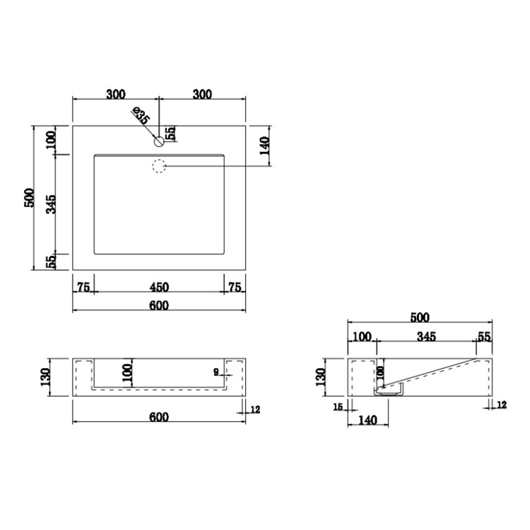 ONLY OPENED - 600mm Wall Hung Resin Basin with Built in Drain Gloss White- Oslo