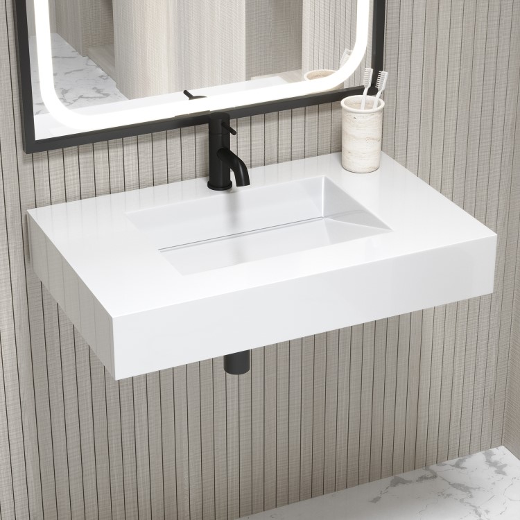 ONLY OPENED - 800mm Wall Hung Resin Basin with Built in Drain Gloss White- Oslo