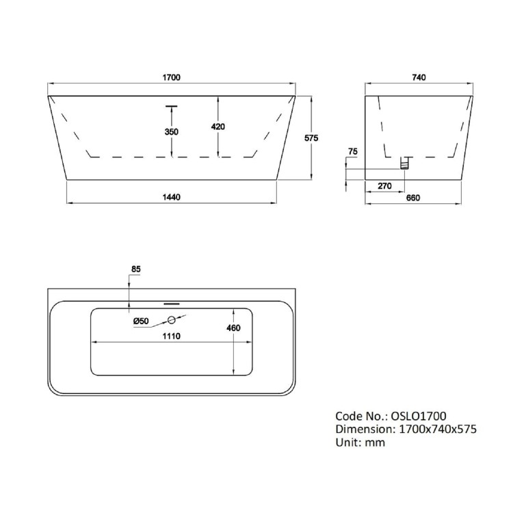 GRADE A1 - Freestanding Double Ended Back to Wall Bath 1700 x 740mm - Oslo