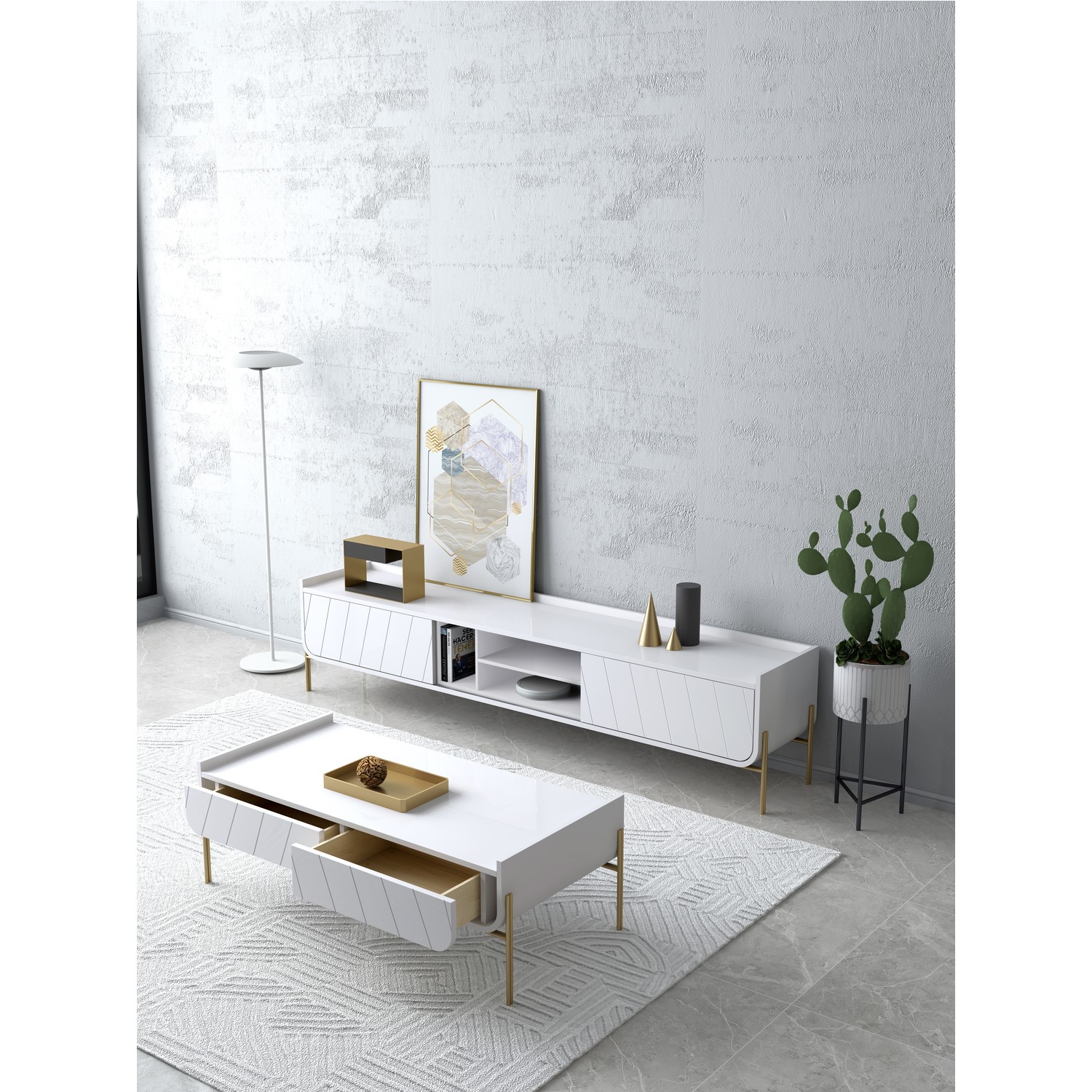 Large White and Gold Curved Coffee Table Olis BuyItDirect.ie