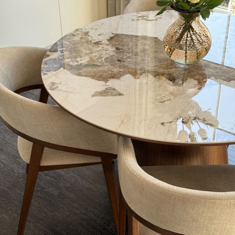 Set of 2 Walnut and Beige Upholstered Curved Dining Chairs - Owen