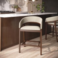 Walnut & Beige Upholstered Curved Kitchen Stool with Back - Owen