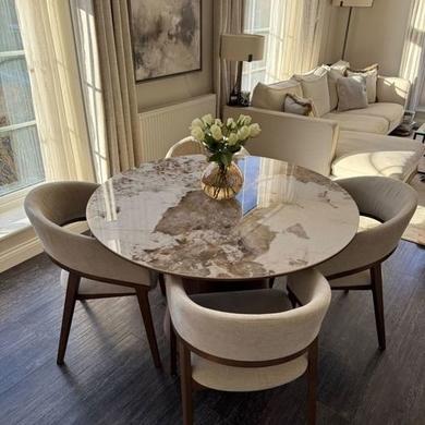 Set of 2 Walnut and Beige Upholstered Curved Dining Chairs - Owen